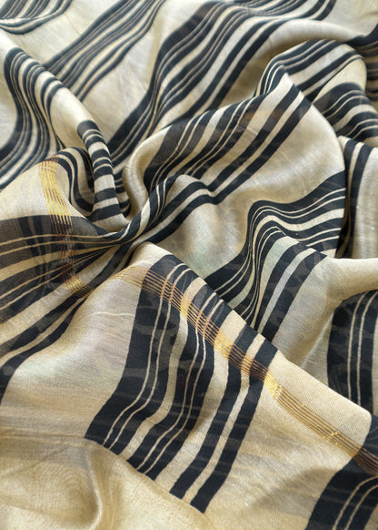 Beige And Black Pure Maheshwari Silk Suit With Dupatta