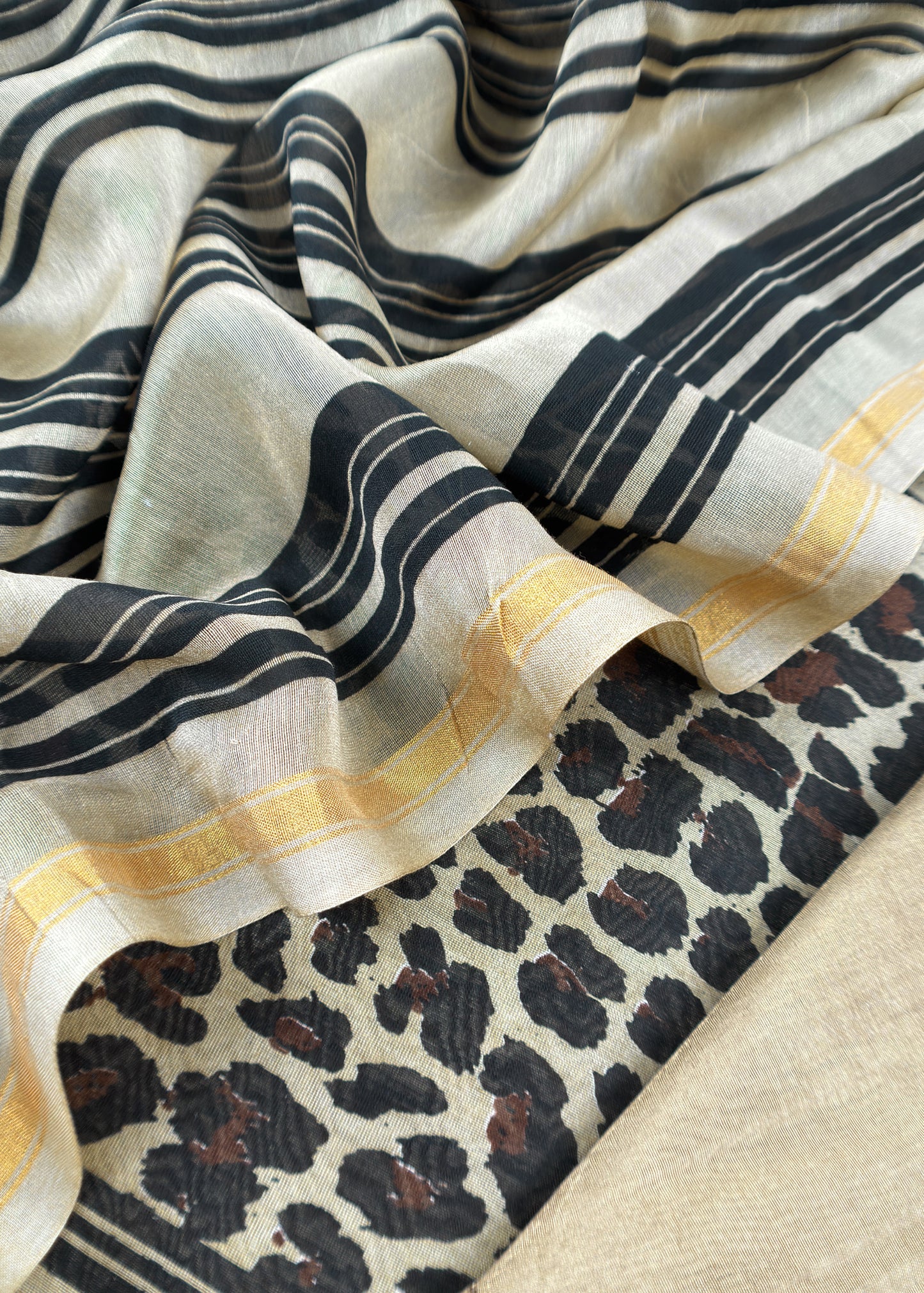 Beige and Black Pure Maheshwari Silk Suit With Dupatta