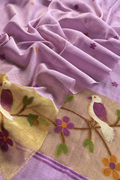 Lavender Chanderi Suit Fabric With Chidiya Tissue Panel And Jamdani Weaving.