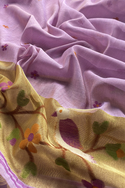 Lavender Chanderi Suit Fabric With Chidiya Tissue Panel And Jamdani Weaving.