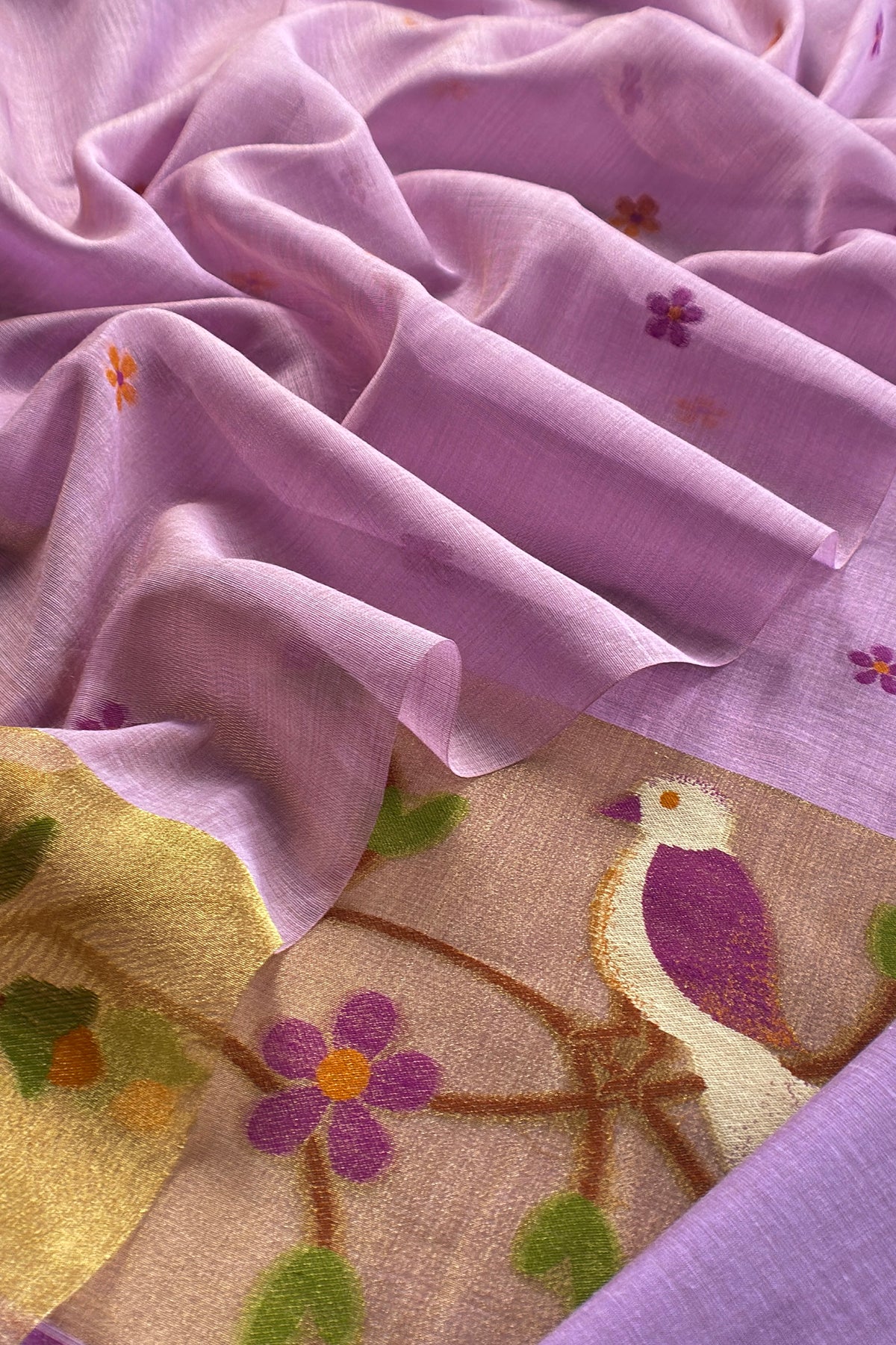 Lavender Chanderi Suit Fabric With Chidiya Tissue Panel And Jamdani Weaving.