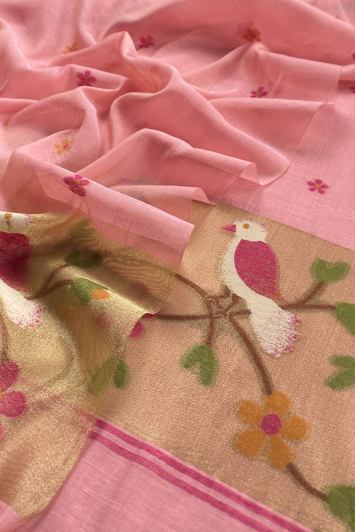 Pink Linen Chanderi Suit Fabric with Chidiya Tissue Panel And Jamdani Weaving