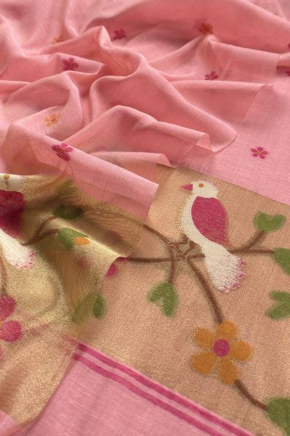 Pink Linen Chanderi Suit Fabric with Chidiya Tissue Panel And Jamdani Weaving