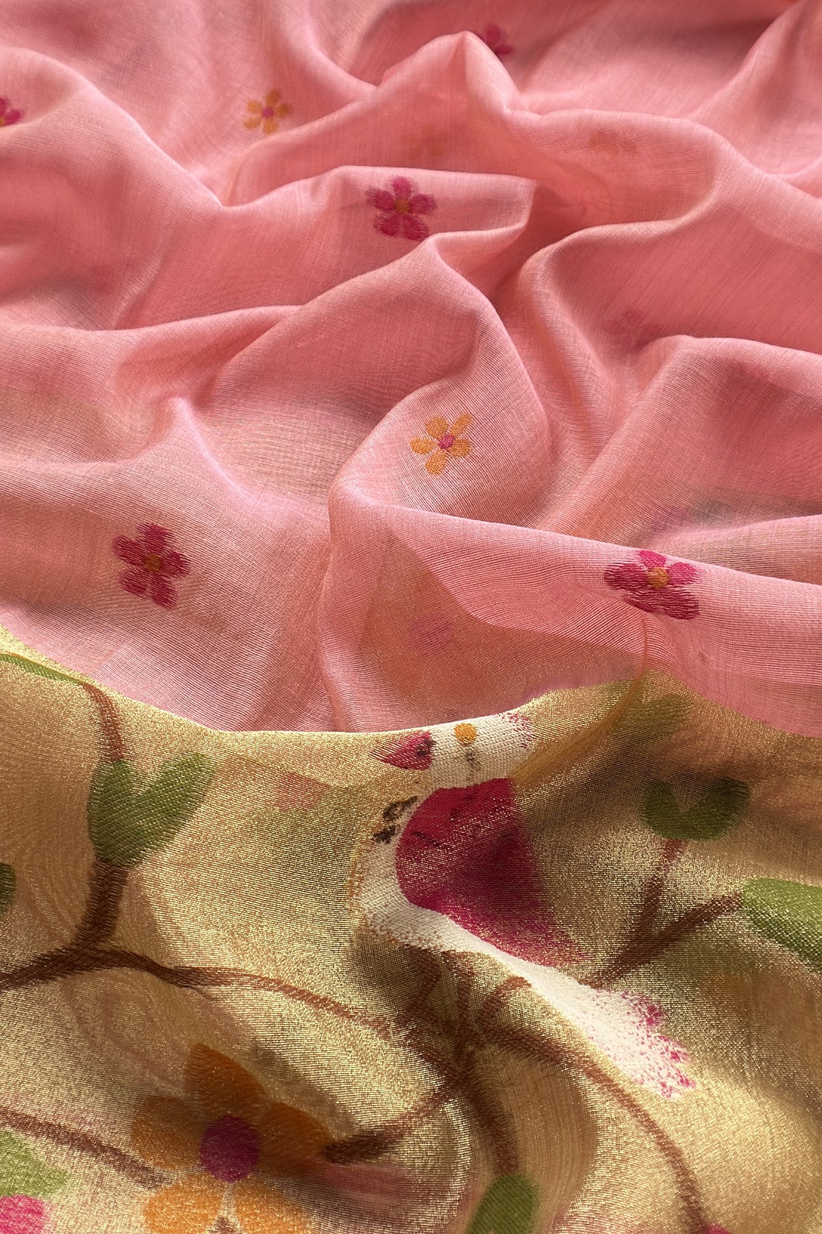Pink Linen Chanderi Suit Fabric with Chidiya Tissue Panel And Jamdani Weaving