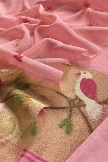 Pink Linen Chanderi Suit Fabric with Chidiya Tissue Panel And Jamdani Weaving