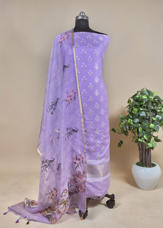 Purple Banarasi Cotton Suit with Organza Dupatta