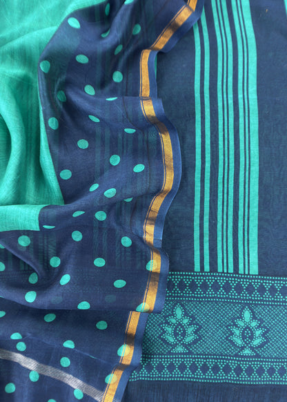 Turquoise And Blue Maheshwari Silk Unstitched Suit With Dupatta