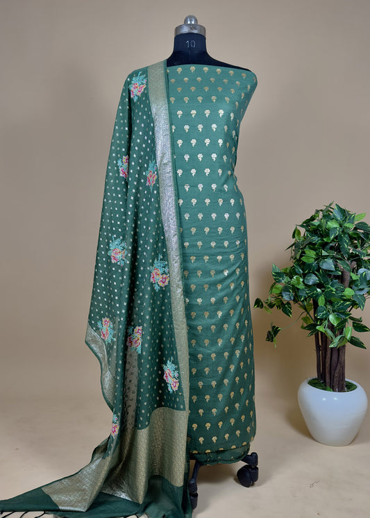 Green Banarasi Suit With  Resham Zari Weaving