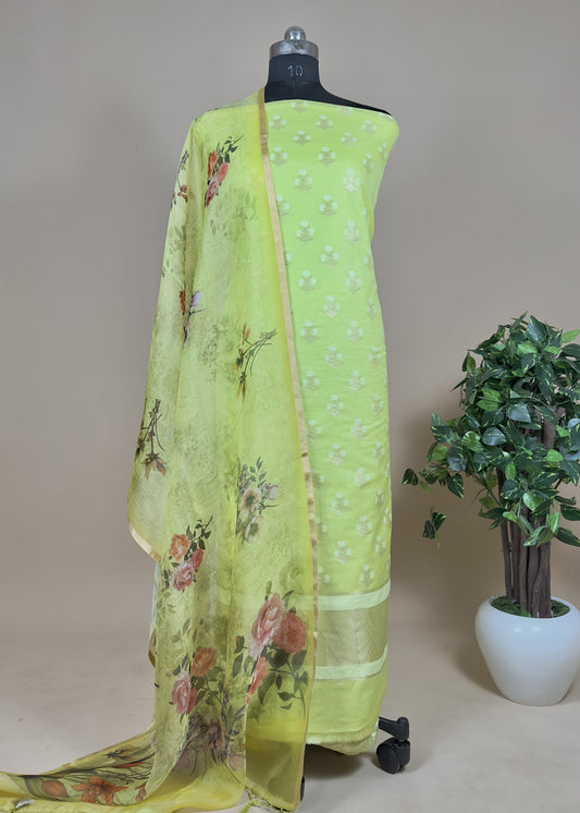 Green Banarasi Cotton Silk Suit with Organza Dupatta
