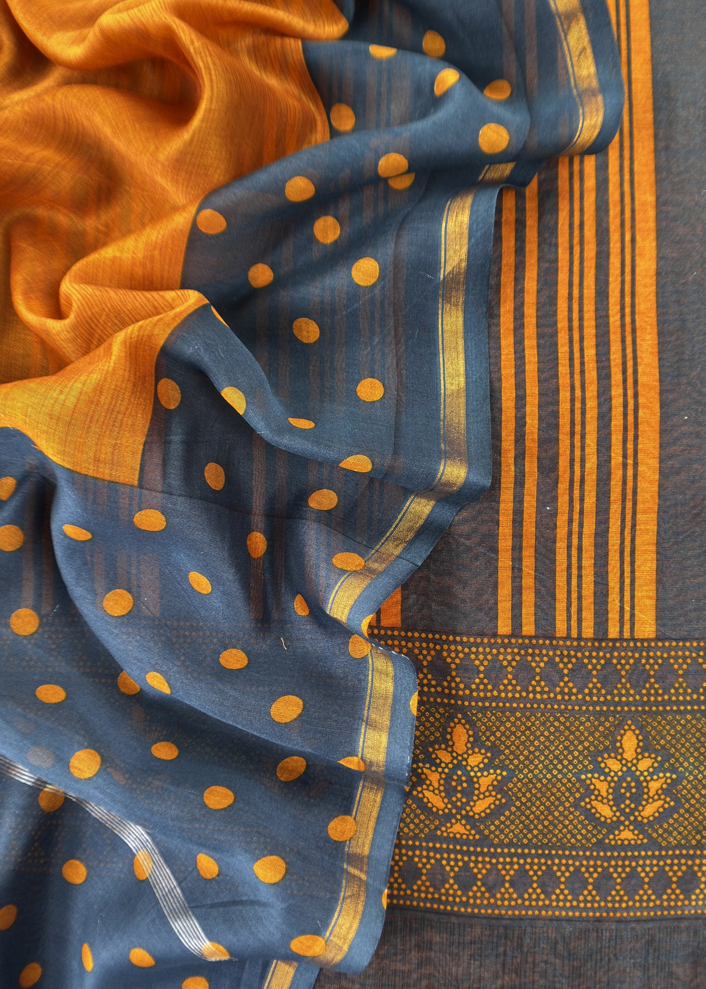 Yellow And Blue Maheshwari Silk Unstitched Suit With Dupatta