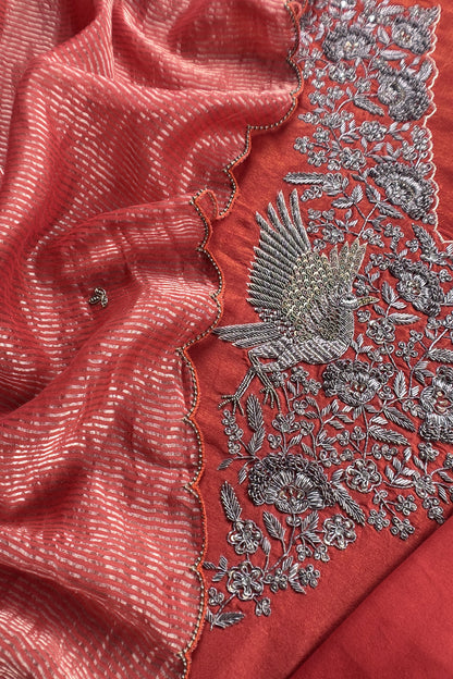 Rust Pure Silk Suit With Tissue Silk Dupatta