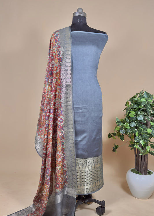 Grey Maheshwari Silk Suit With Kalamkari Dupatta