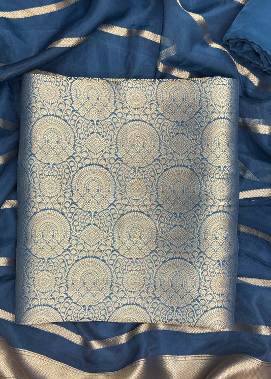 Blue Banarasi Silk Brocade Suit With Organza Dupatta