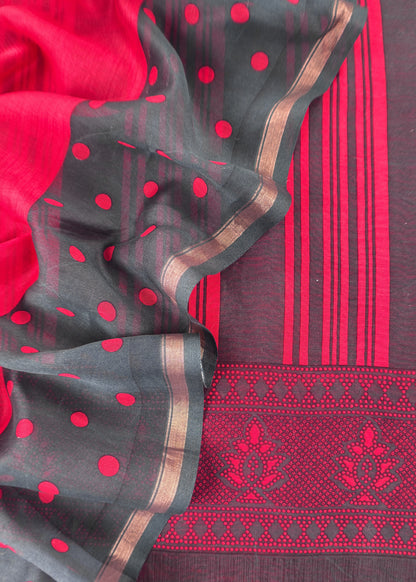 Red And Blue Maheshwari Silk Unstitched Suit With Dupatta