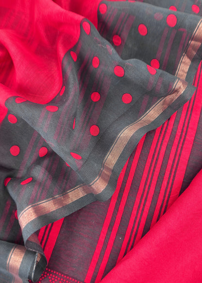 Red And Blue Maheshwari Silk Unstitched Suit With Dupatta