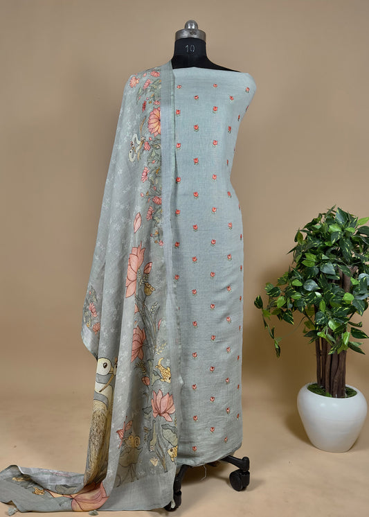 Blue Lotus Embroidered Linen Suit With Digital Print Dupatta