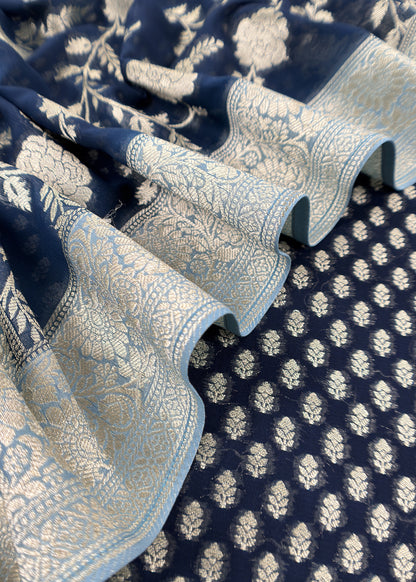 Blue Handloom Khadi Weaving Unstitched Suit In Georgette
