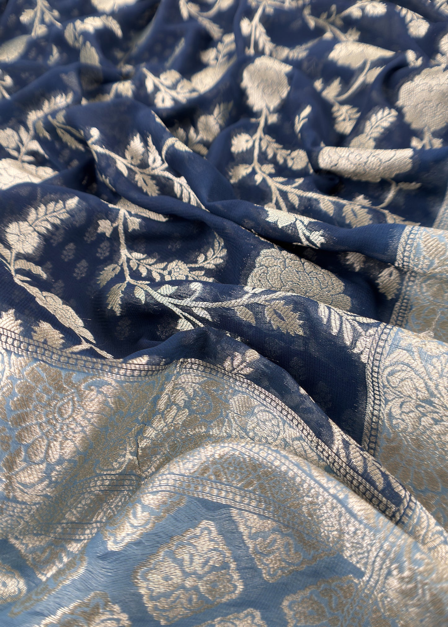 Blue Handloom Khadi Weaving Unstitched Suit In Georgette