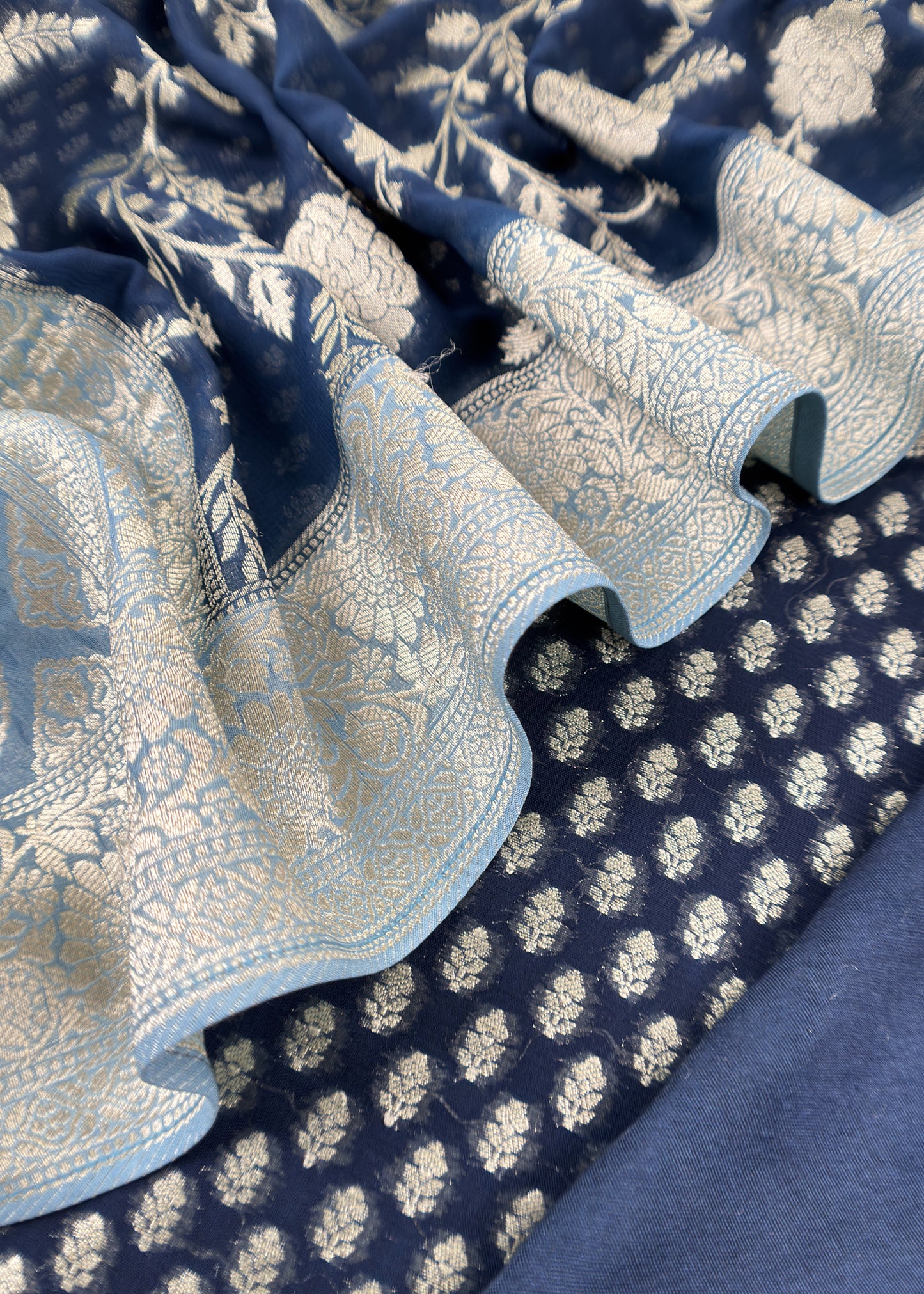 Blue Handloom Khadi Weaving Unstitched Suit In Georgette