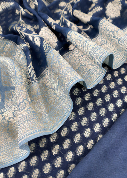Blue Handloom Khadi Weaving Unstitched Suit In Georgette