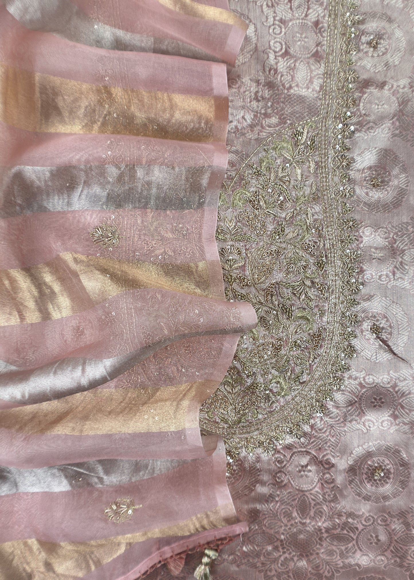 Peach Handloom Brocade Tissue Silk Suit With Dabka, Dori, Zardosi Handwork