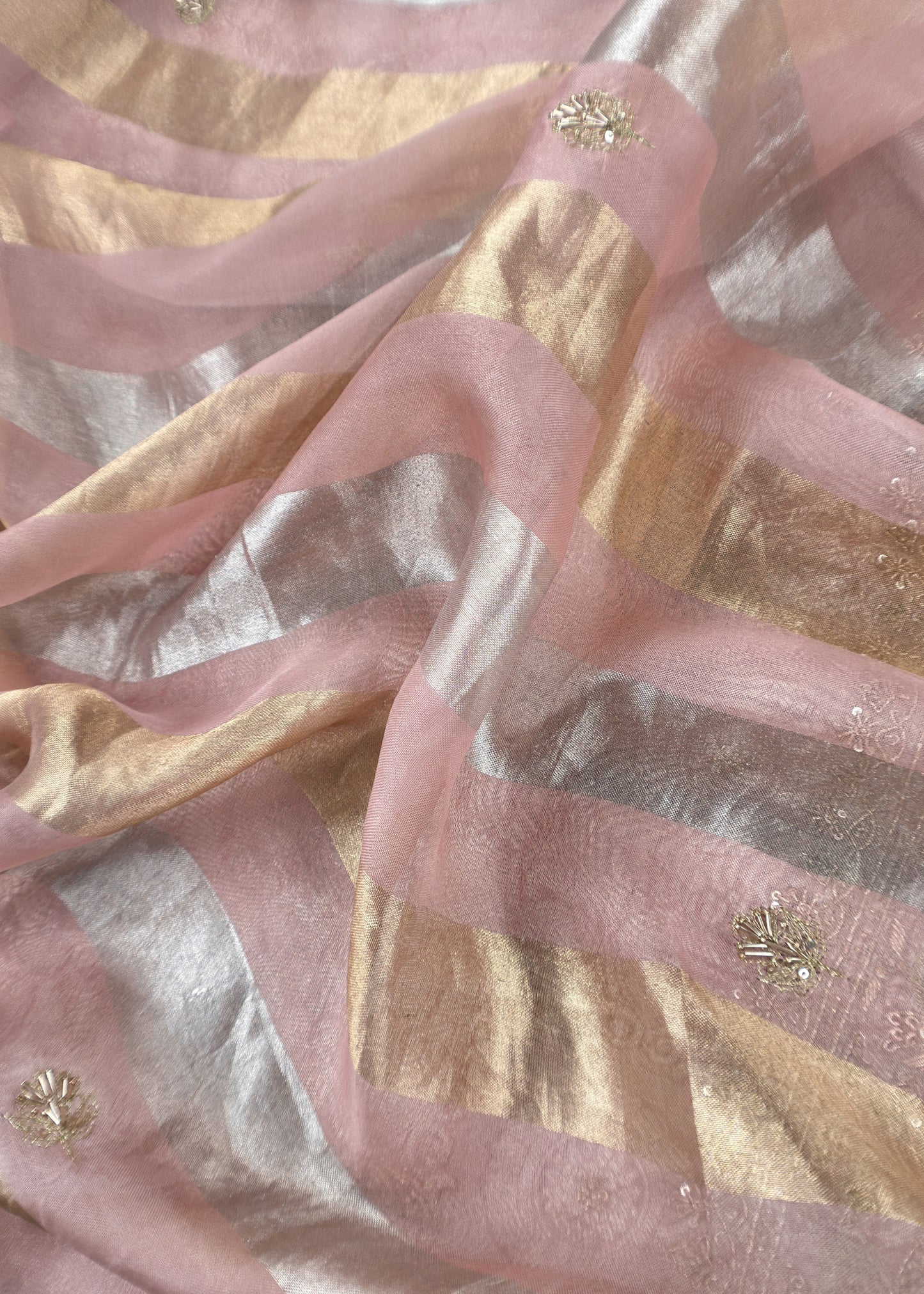 Peach Handloom Brocade Tissue Silk Suit With Dabka, Dori, Zardosi Handwork