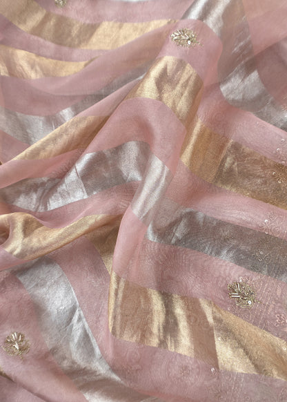 Peach Handloom Brocade Tissue Silk Suit With Dabka, Dori, Zardosi Handwork