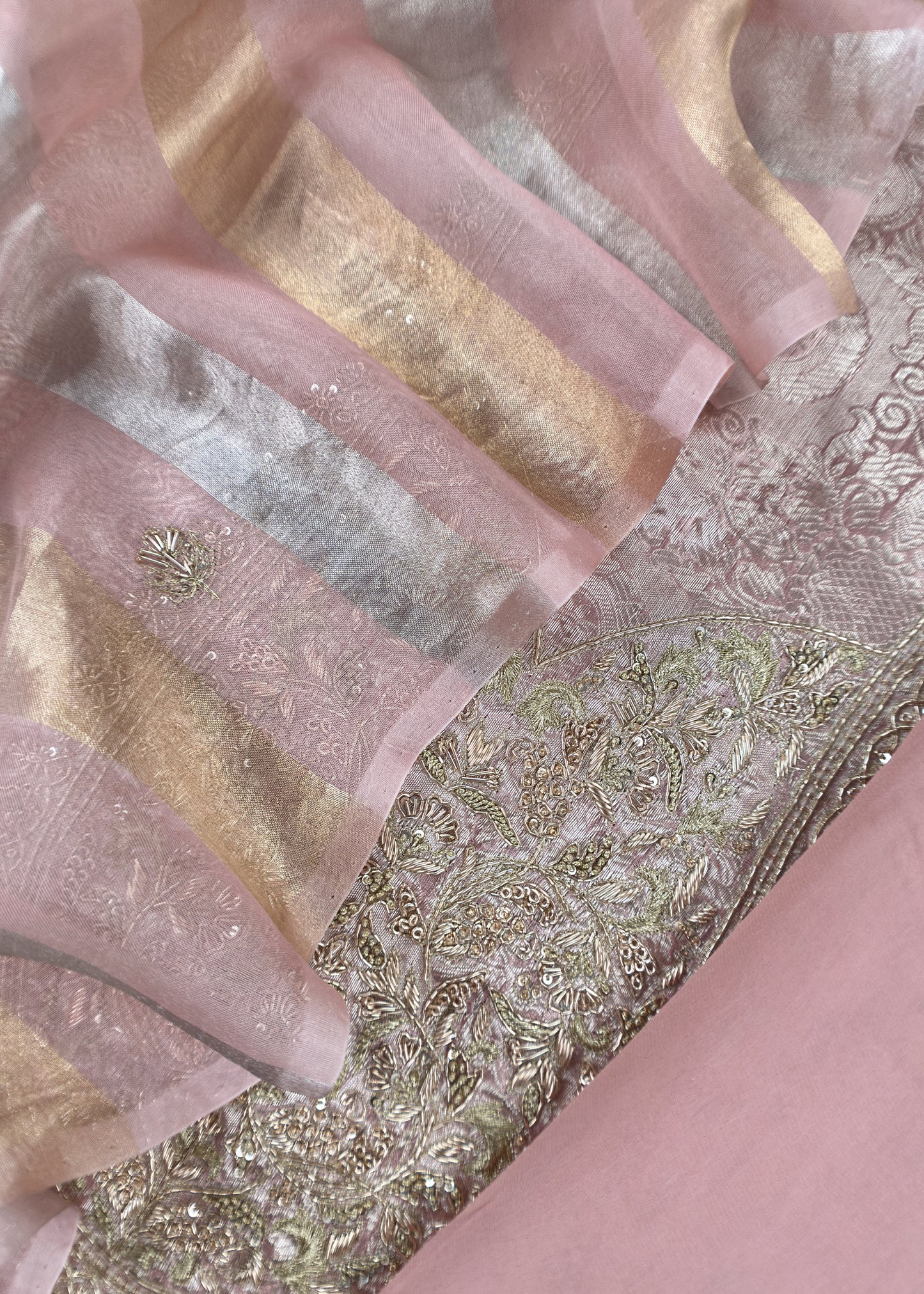 Peach Handloom Brocade Tissue Silk Suit With Dabka, Dori, Zardosi Handwork