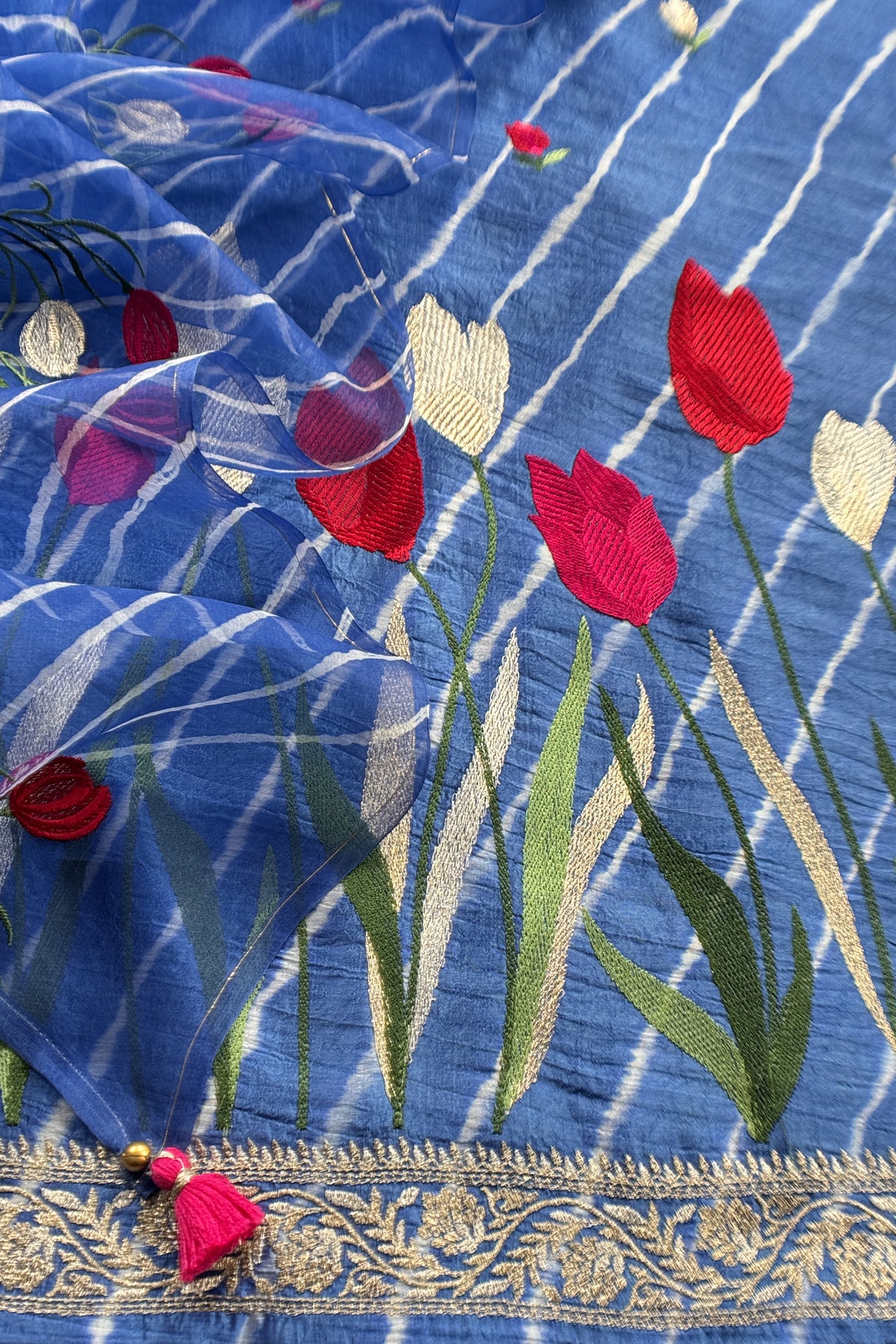 Blue Handloom silk Suit with Floral Embroidered