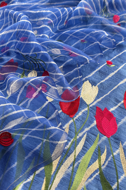 Blue Handloom silk Suit with Floral Embroidered