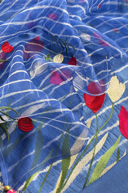 Blue Handloom silk Suit with Floral Embroidered