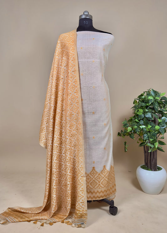 Yellow Handwoven Maheshwari Suit with Jamdani Weaving