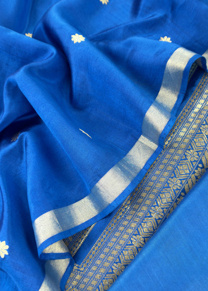 Royal Blue Designer Handloom Silk Unstitched Suit With Dupatta