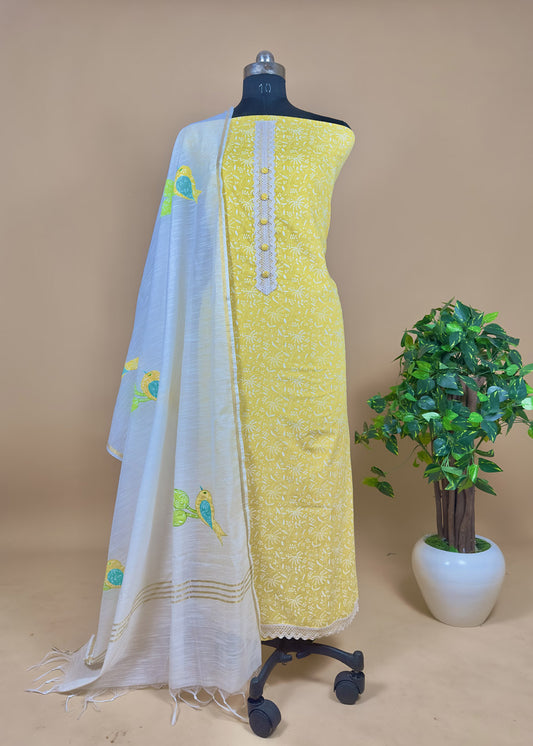 Yellow  Cotton Suit With Maheshwari Applique Dupatta