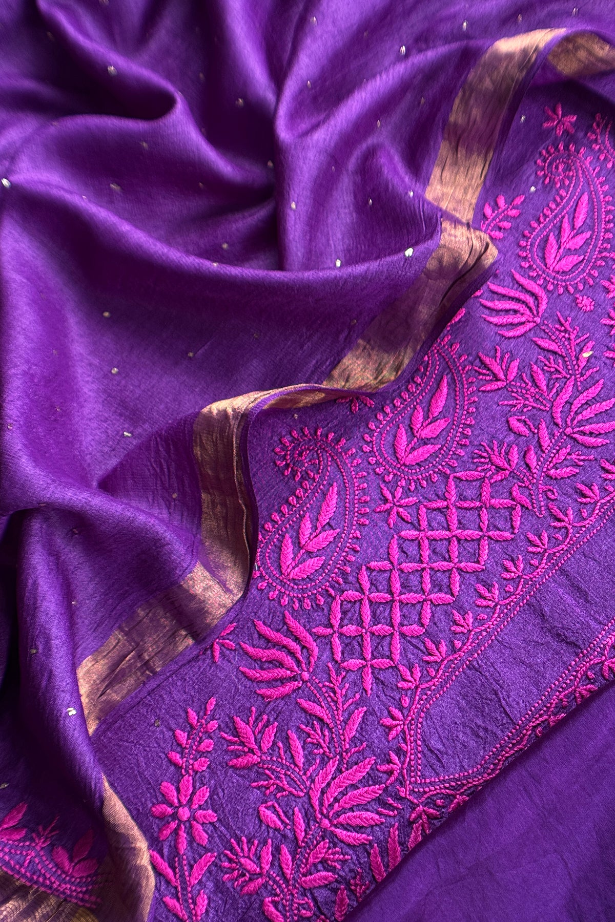 Violet Desi Tussar Suit With Handloom Lakhnavi Embroidery
