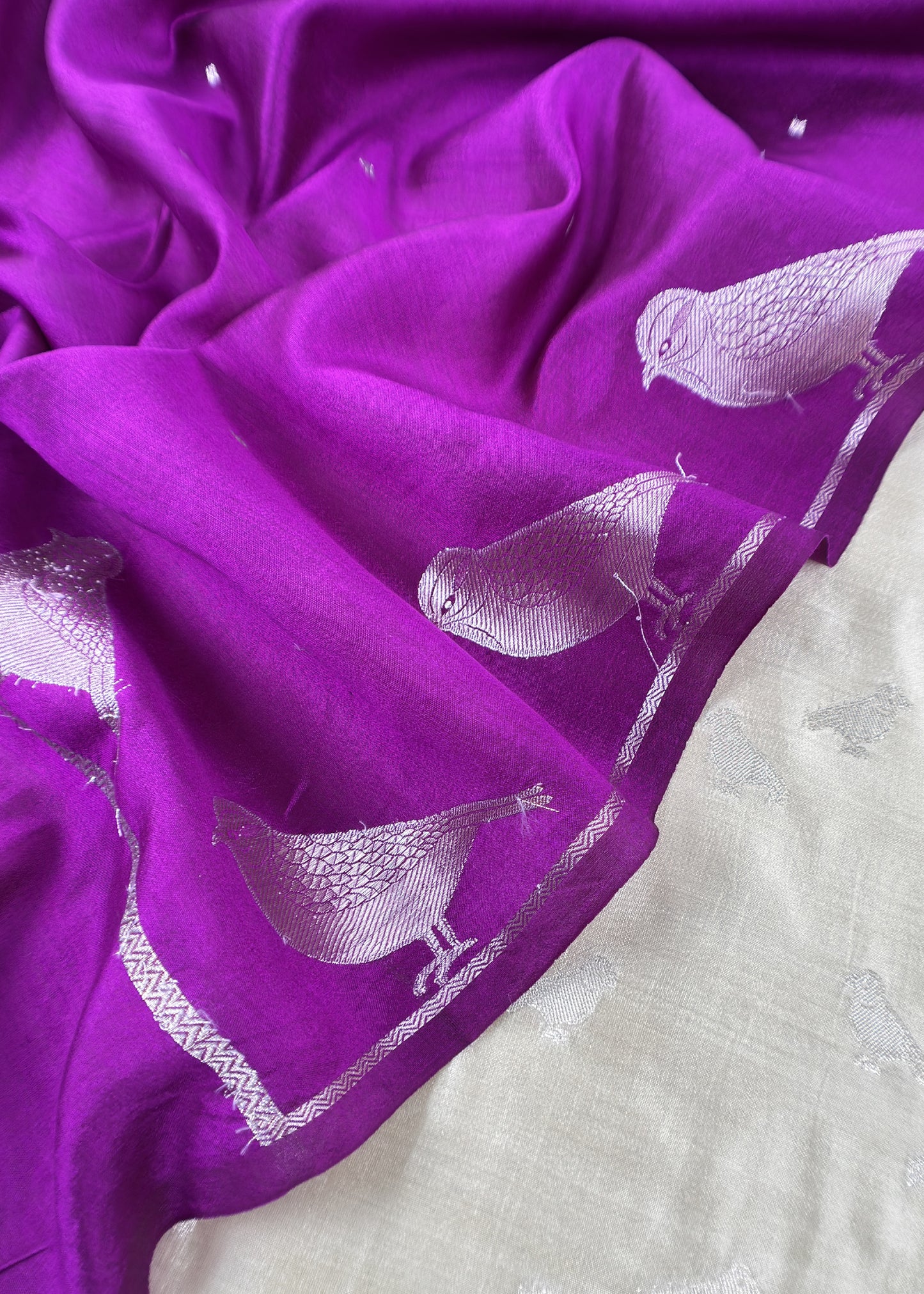 White And Violet Son Chiraiya Pure Silk Suit Fabric With Gold Weaving