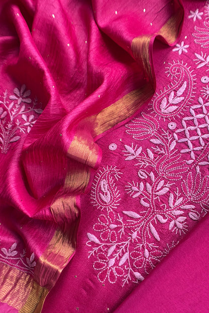 Cherry Red Desi Tussar Suit With Handloom Lakhnavi Embroidery