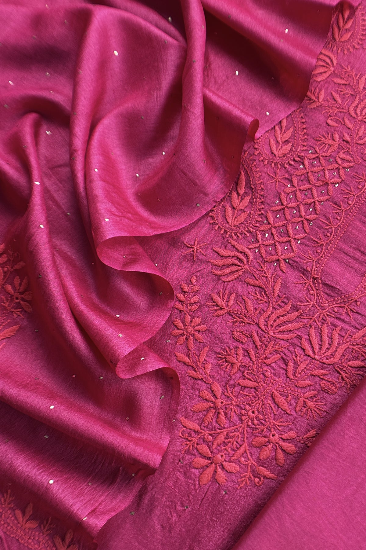 Desi tussar unstitched suit with lakhnavi embroidery

