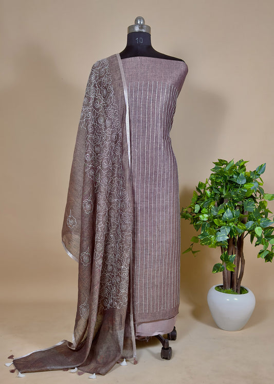 Brown Linen Suit With Embroidered Kantha Work
