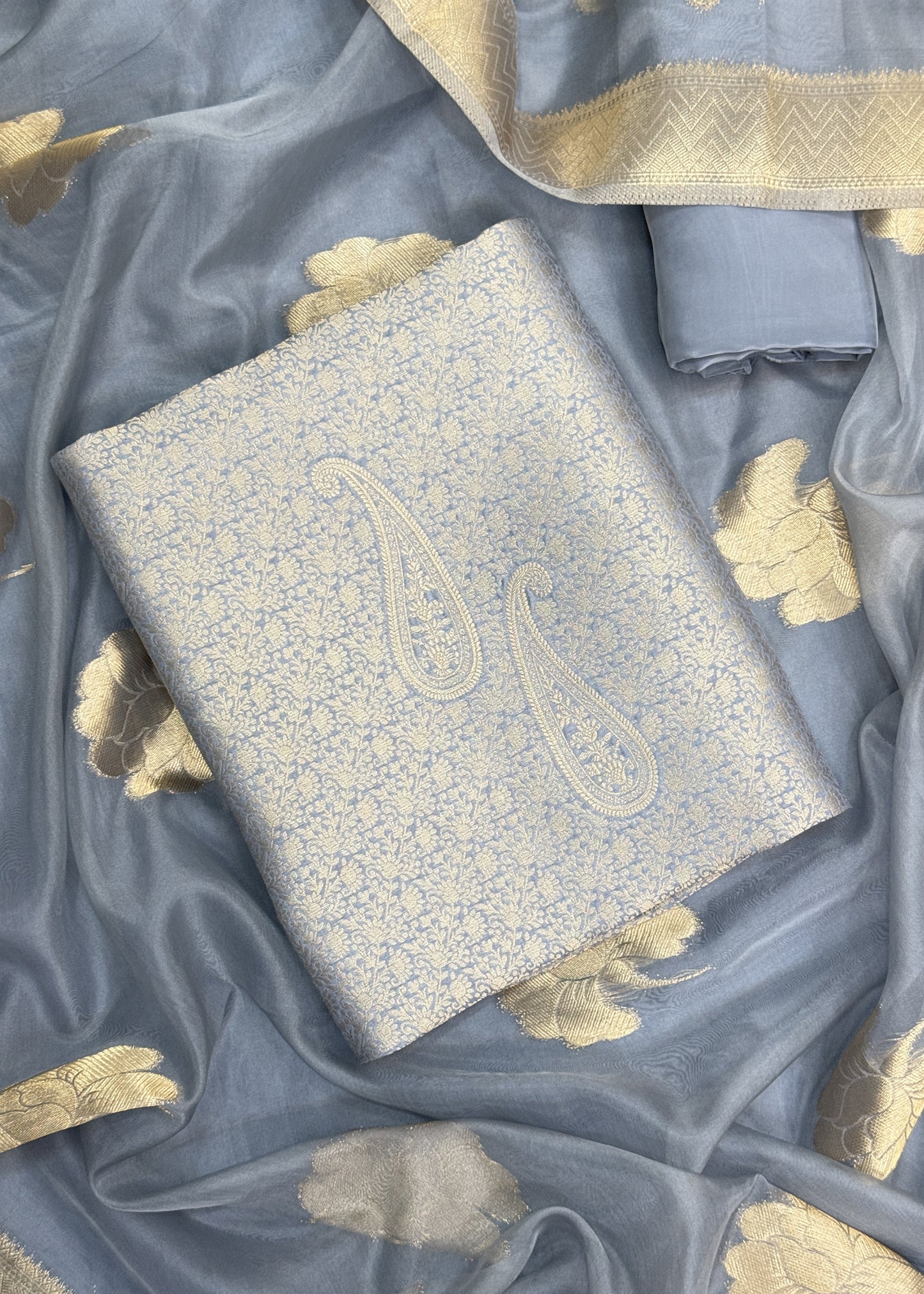 Gery Banarasi Silk Brocade Suit With Organza Dupatta