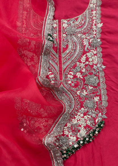 Red Luxe Handloom Dupion Silk Kurta and Kora Silk Dupatta With Handwork