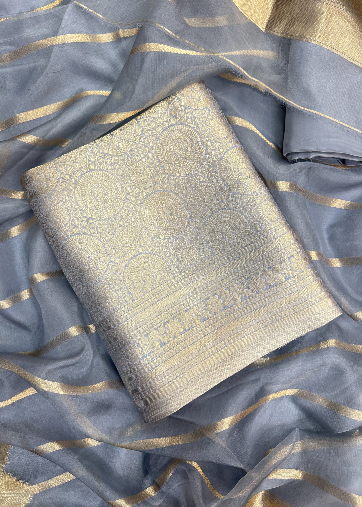 Gery Banarasi Silk Brocade Suit With Organza Dupatta