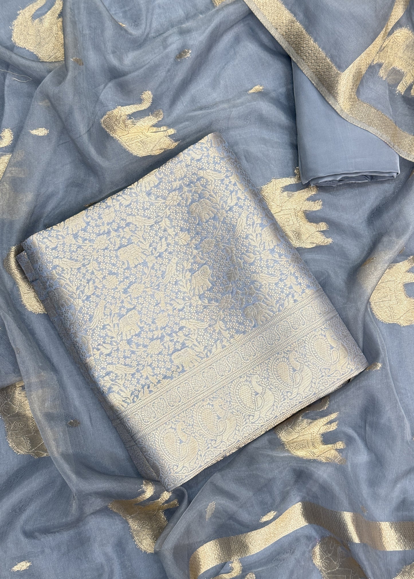 Grey Banarasi Silk Brocade Suit With Organza Dupatta