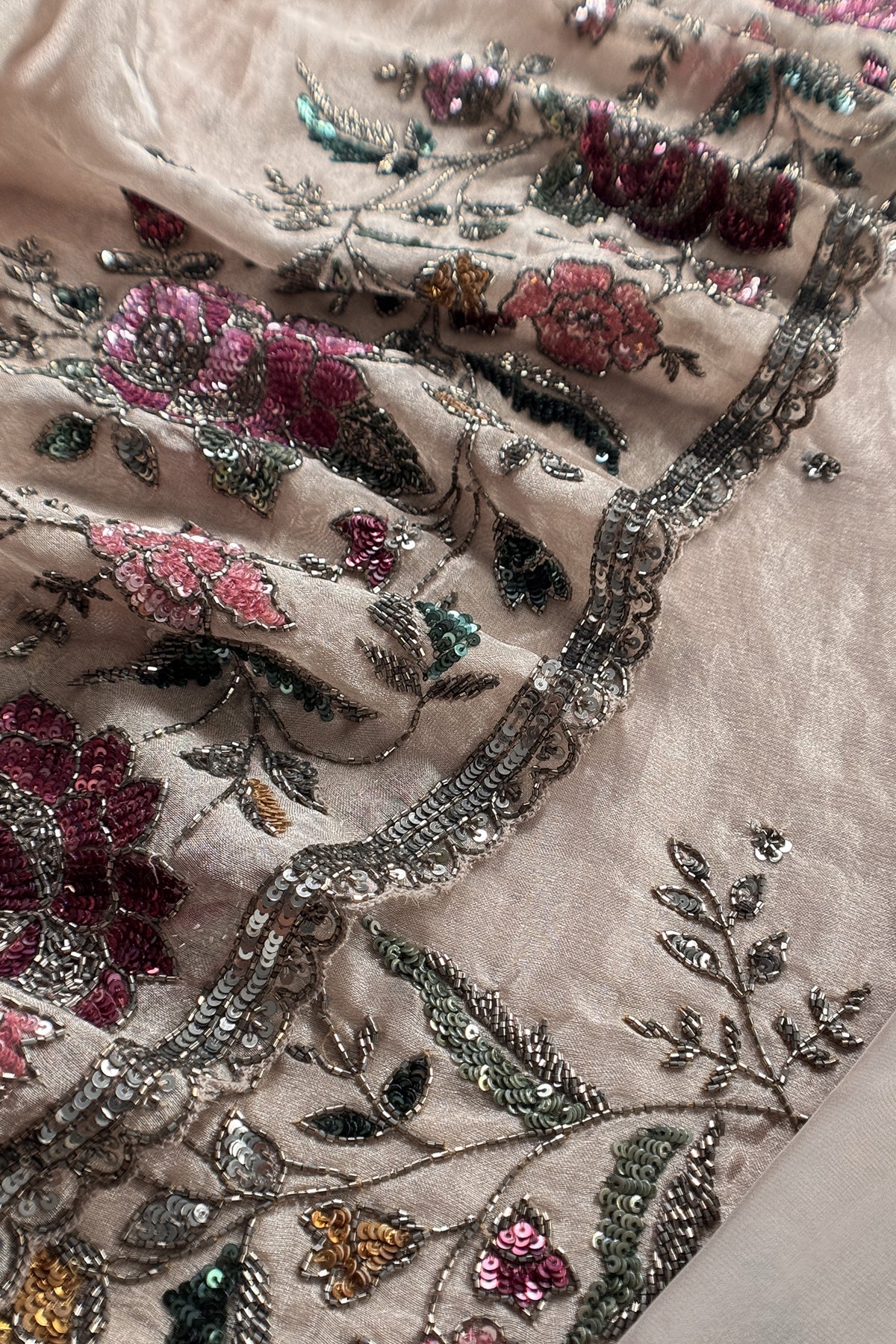 Chikoo Grey Handloom Tissue Silk Suit With Sequins Hand Work