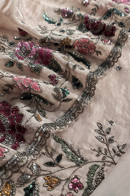 Chikoo Grey Handloom Tissue Silk Suit With Sequins Hand Work