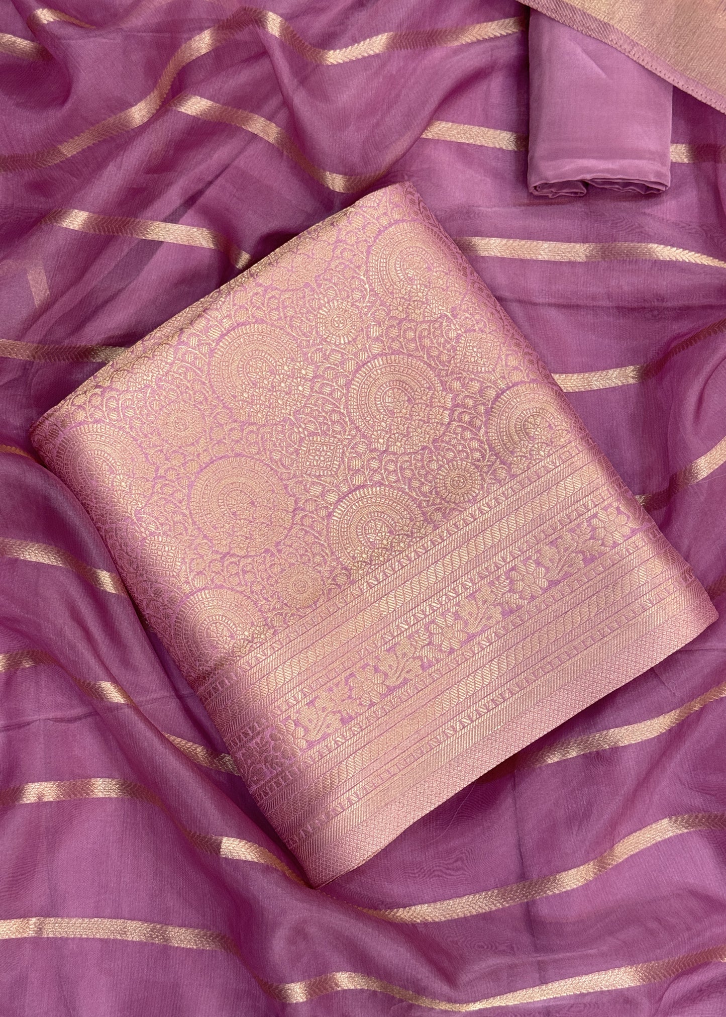 Baby Pink Banarasi Silk Brocade Suit With Organza Dupatta