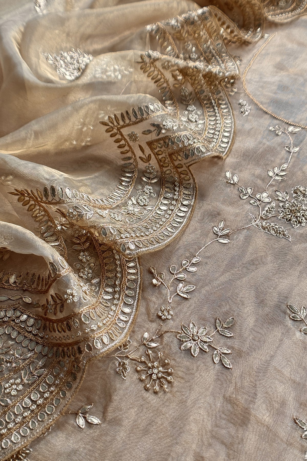 Beige Pure Tissue Silk Suit With Gota Pitta Handwork