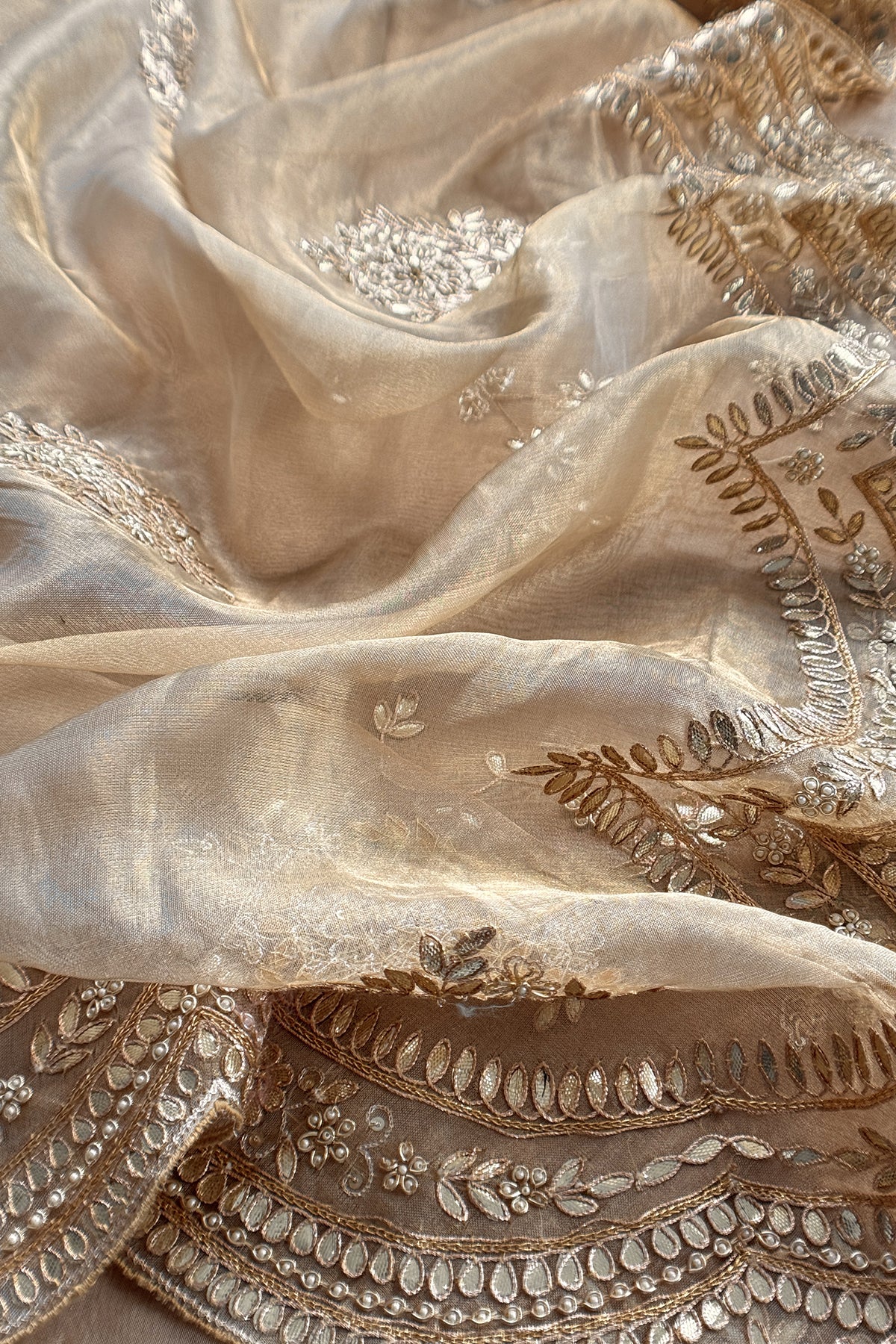 Beige Pure Tissue Silk Suit With Gota Pitta Handwork