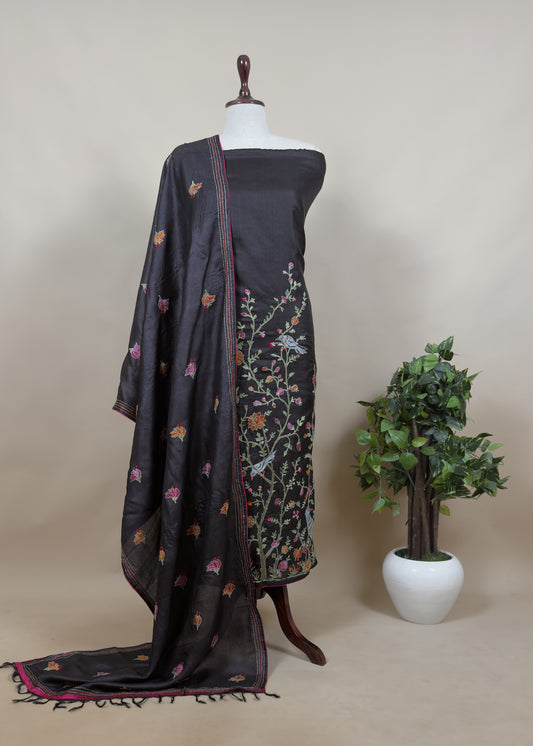 Black Kantha Embroidered Unstitched Suit In Handloom Tussar Silk