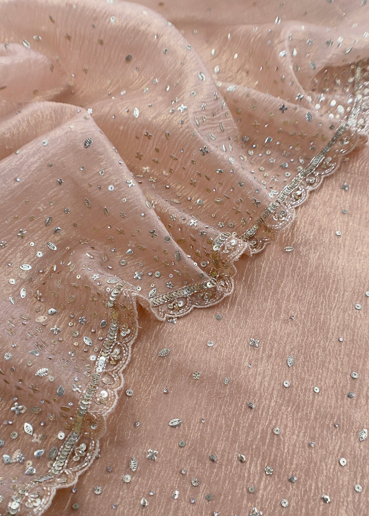 Pink Pure Crushed Tissue Silk Suit Fabric With Mukaish And Hand Work